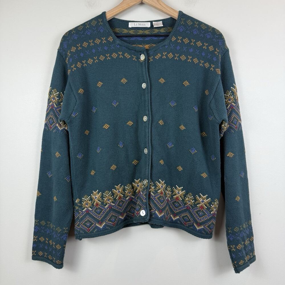 VTG Le Moda Knitwear Cardigan Sweater‎ Womens M Button Up Dainty Cottage Grandma